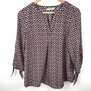 Dalia Womens Blouse Top Nautical 3/4 Open Tie Sleeve Sailboat Red White Blue - S